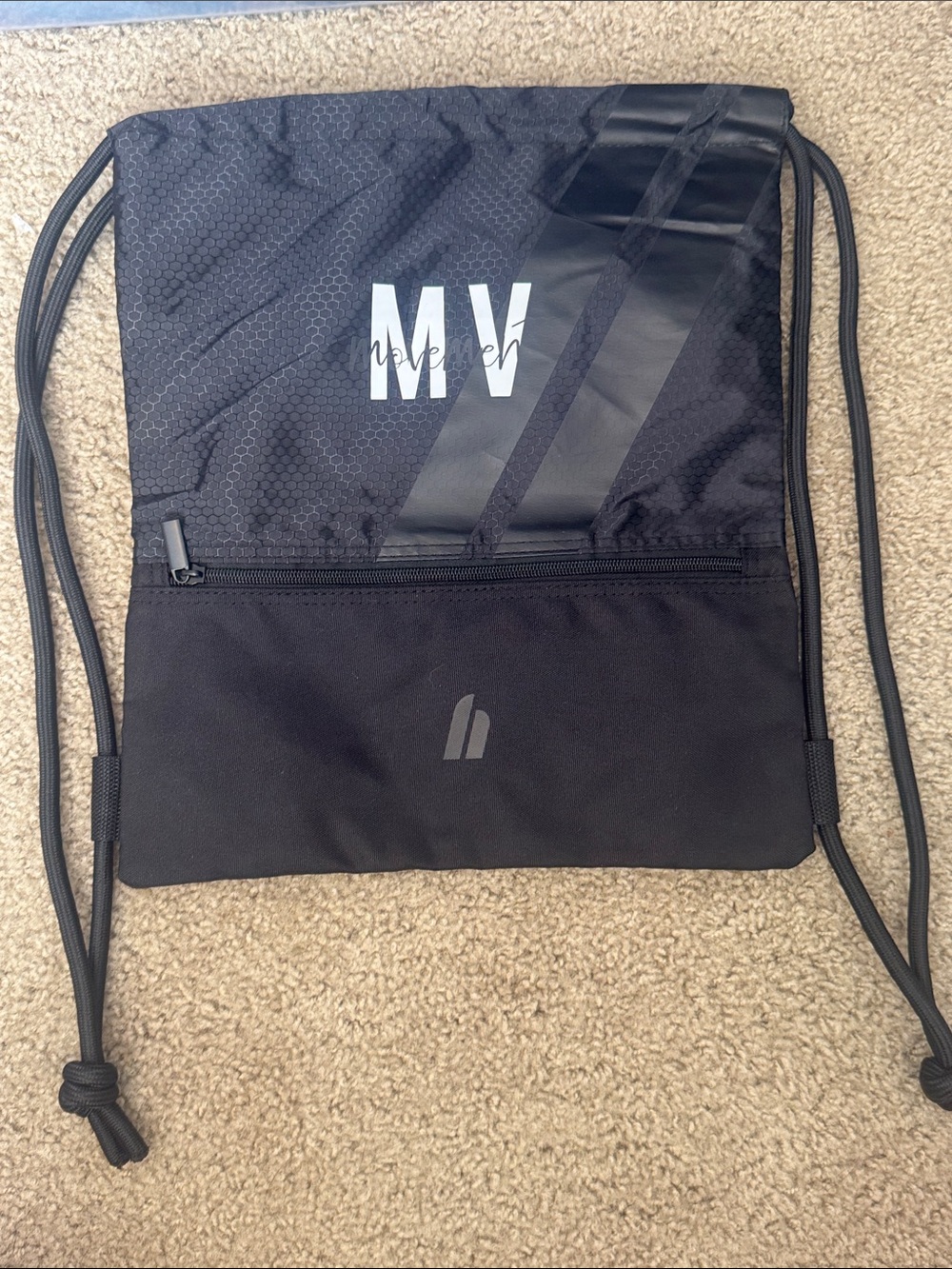 Personalized Black Drawstring Backpack with Front Zip Pocket